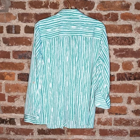 Notations Large Green‎ & White Vertical Striped Long Sleeve Button Down Shirt - Picture 8 of 11